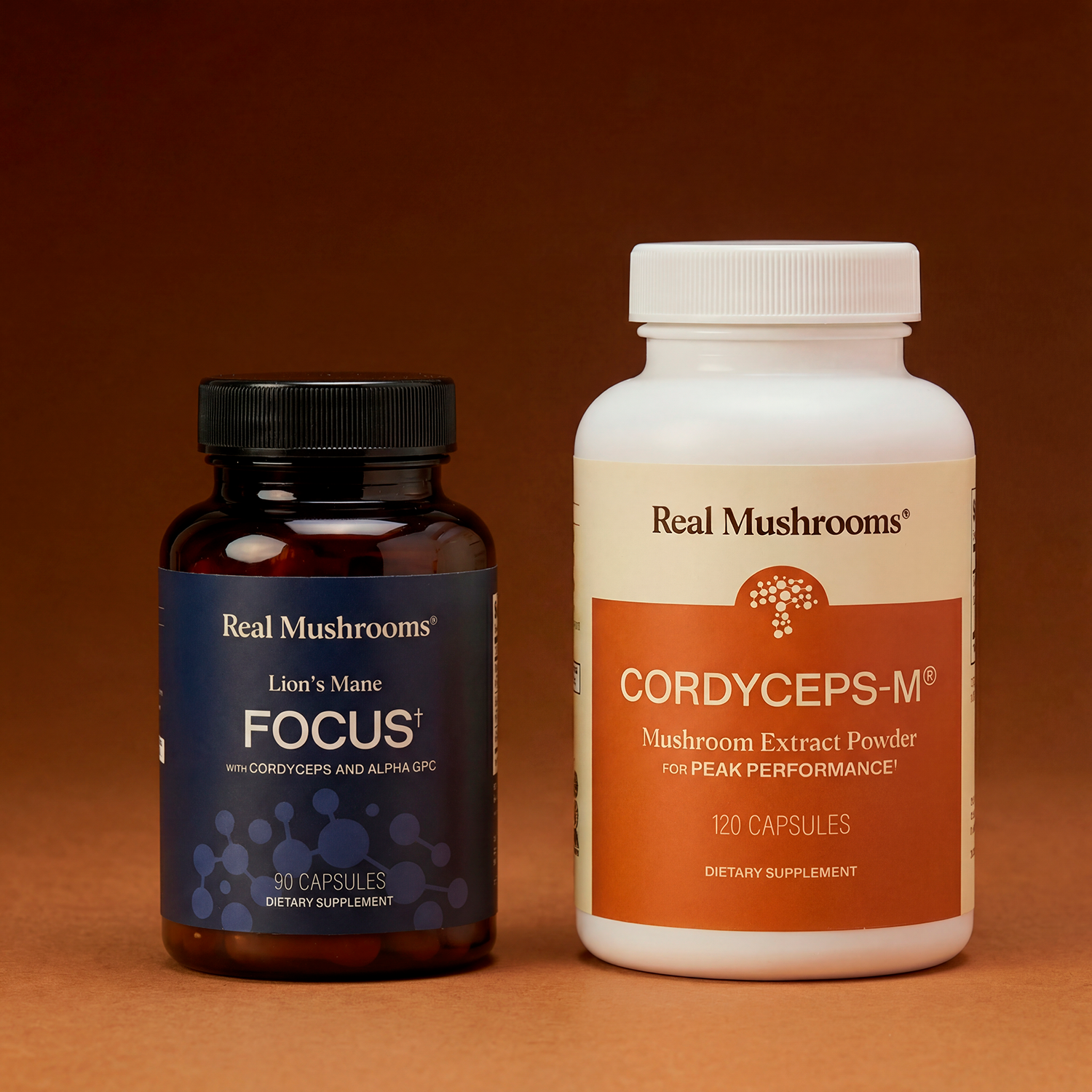 The Focus Power Duo by Real Mushrooms—capsules to support mental and physical performance—displayed on a brown background.