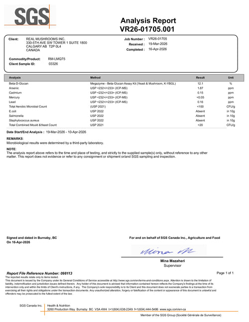 SGS analysis report for REAL MUSHROOMS INC. showing lab results for a mushroom powder sample, including beta-glucan, alpha-glucan, ergosterol, heavy metals, and moisture content.