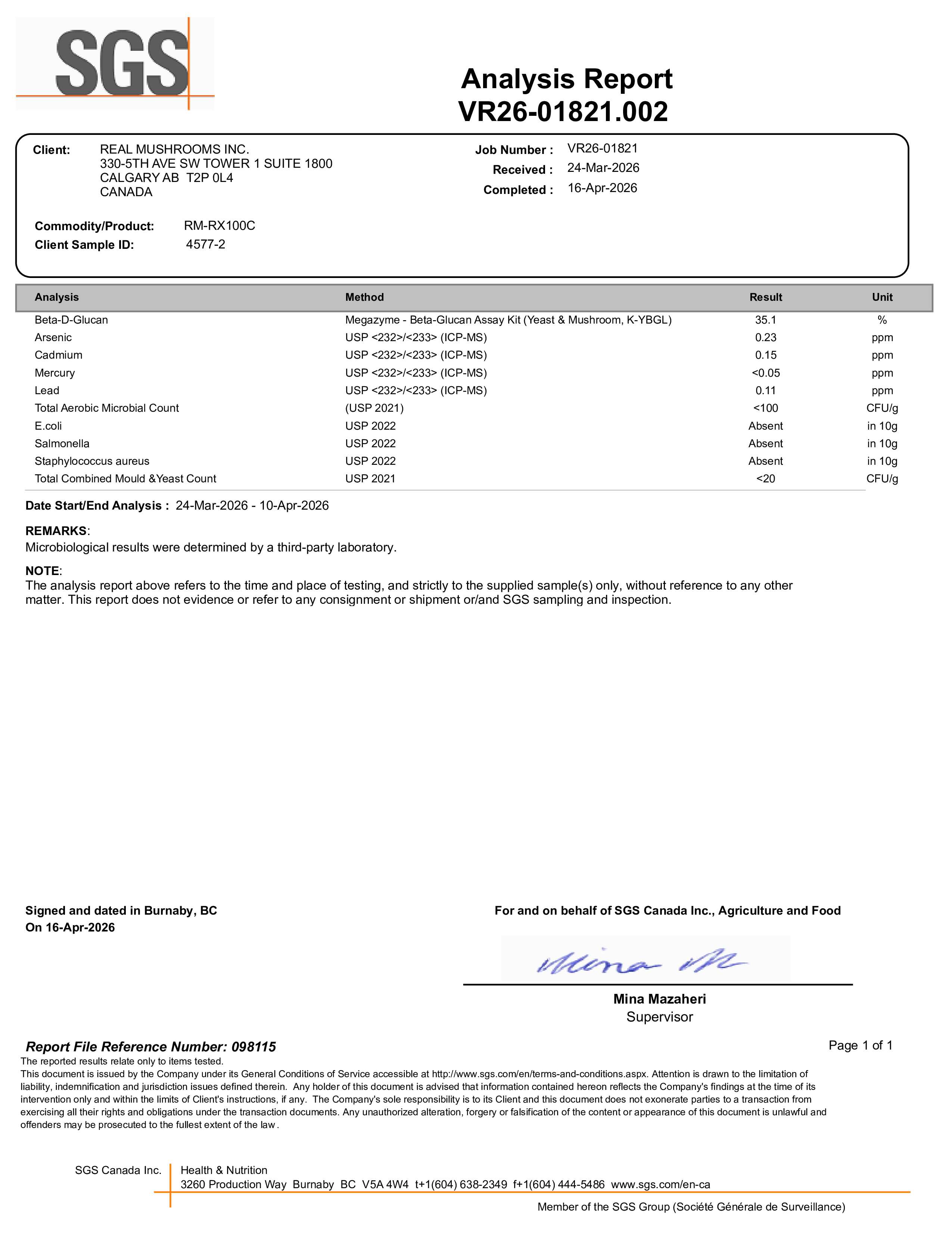 SGS analysis report for a mushroom sample showing test results for various substances, including elements and pesticides, all marked as "pass" with values below detection limits.