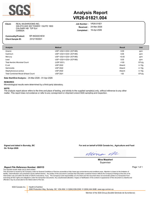 Laboratory analysis report detailing contaminant and microbe test results for a mushroom sample, with all results marked compliant and signed at the bottom.