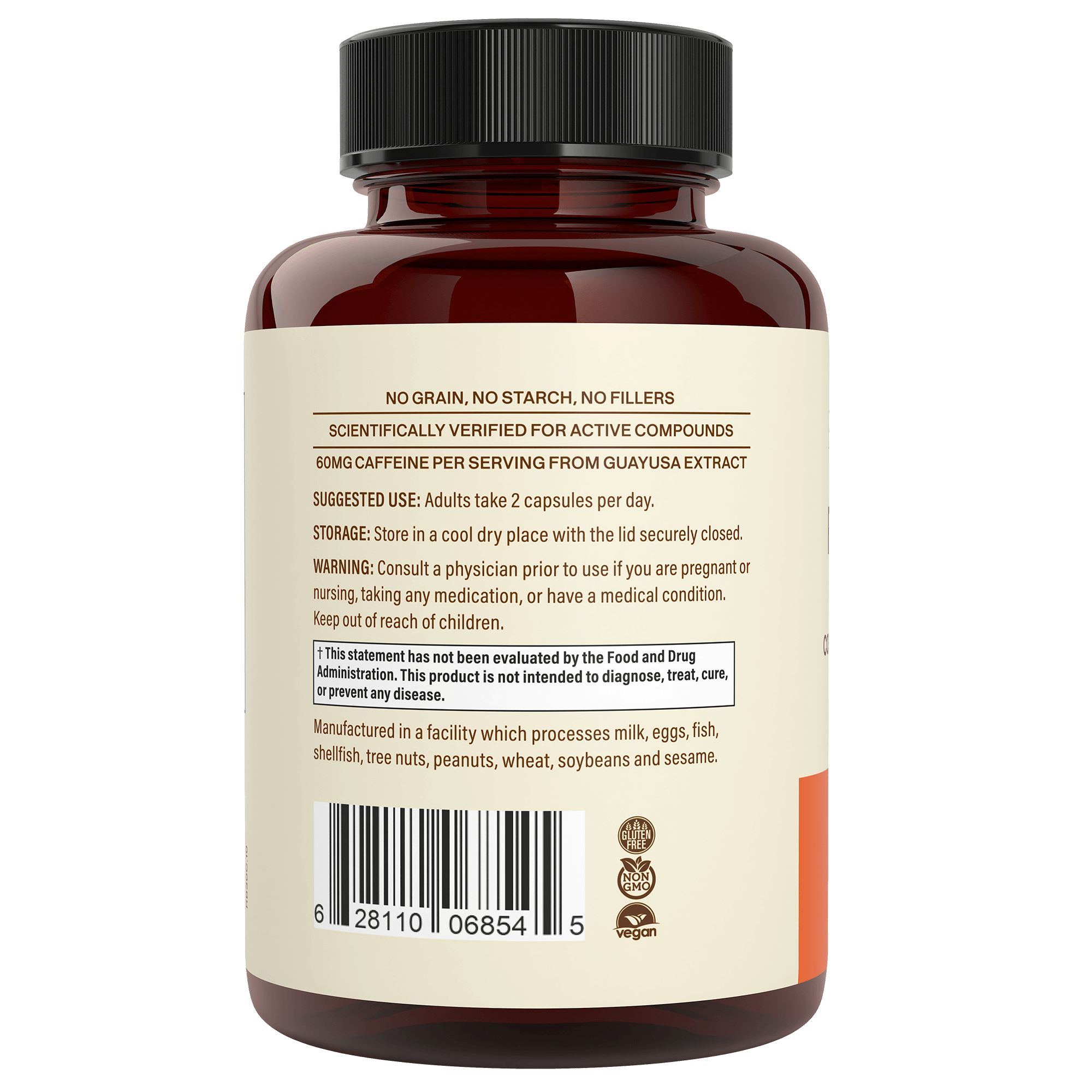 A brown RealBoost bottle by Real Mushrooms features a beige label with directions, warnings, and ingredients, including 60mg caffeine per serving from guayusa extract plus benefits from Cordyceps and ginseng.