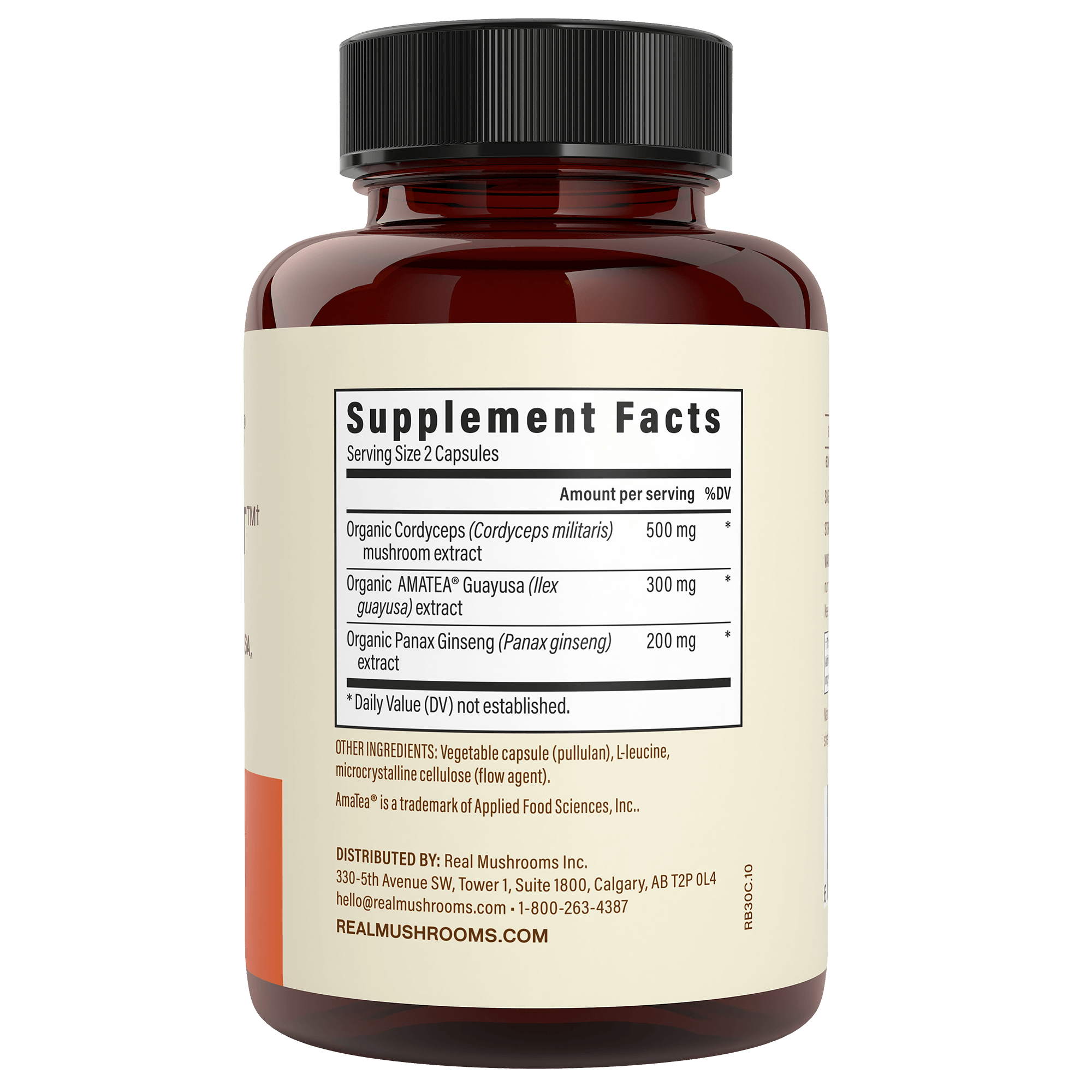 A brown bottle of Real Mushrooms RealBoost shows its Supplement Facts label, listing cordyceps mushroom, AMATEA guayusa, and ginseng extract per two-capsule serving.