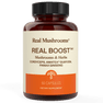 A brown bottle labeled "Real Mushrooms RealBoost - Cordyceps, Guayusa and Ginseng" with 60 capsules—perfect for anyone seeking an organic supplement blend.