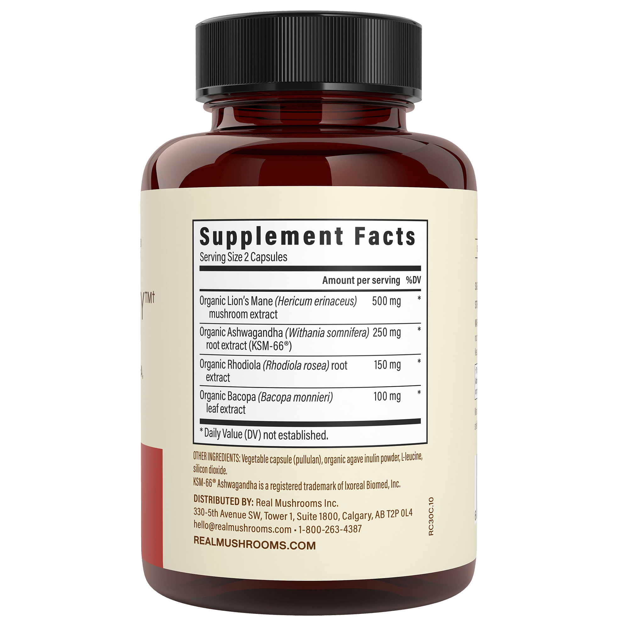 A Real Mushrooms RealClarity supplement bottle displays a label listing Lion's Mane, Ashwagandha, Rhodiola, and Bacopa extracts per two-capsule serving.