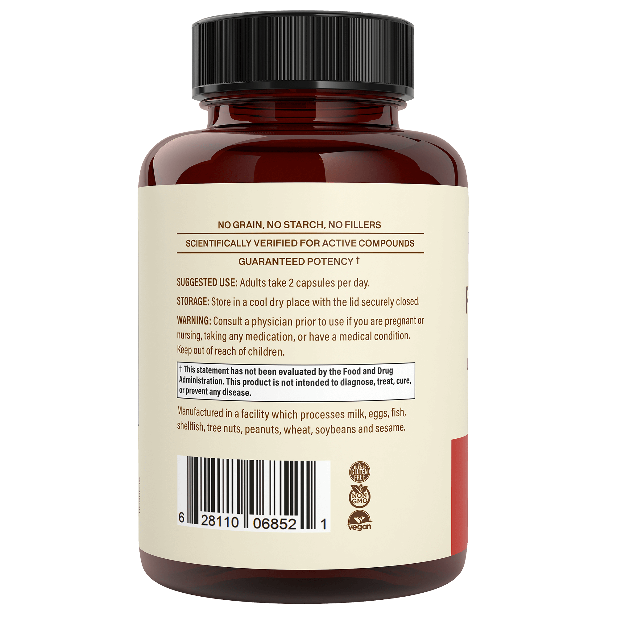 A brown Real Mushrooms supplement bottle labeled “RealClarity - Lion's Mane, Ashwagandha, Rhodiola and Bacopa” displays suggested use, storage, warnings, manufacturing info, barcode, and vegan/allergen icons—perfect for organic mushroom blend seekers.