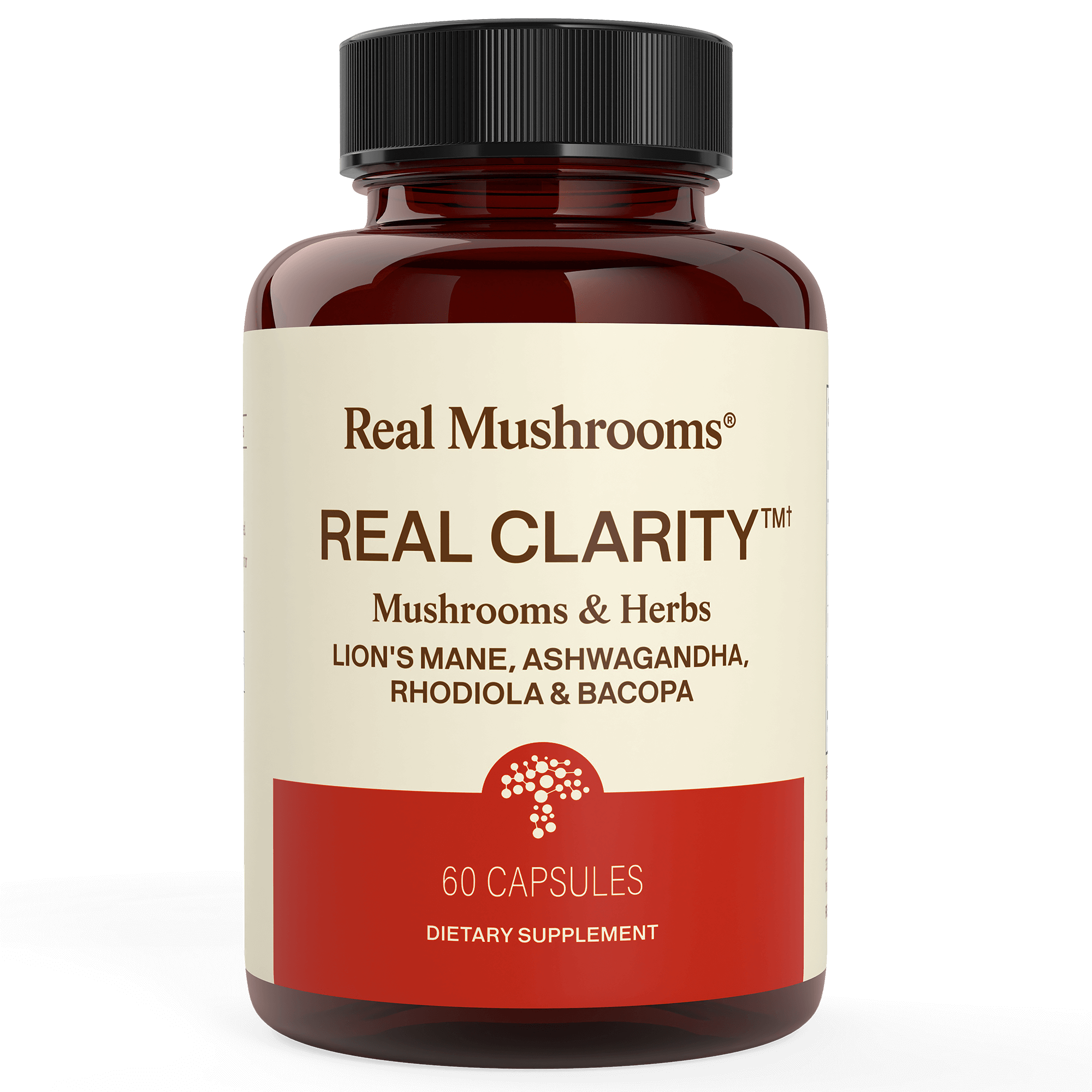 A bottle of Real Mushrooms RealClarity dietary supplement with 60 capsules, featuring Lion's Mane, Ashwagandha, Rhodiola, Bacopa, and organic mushroom extract.