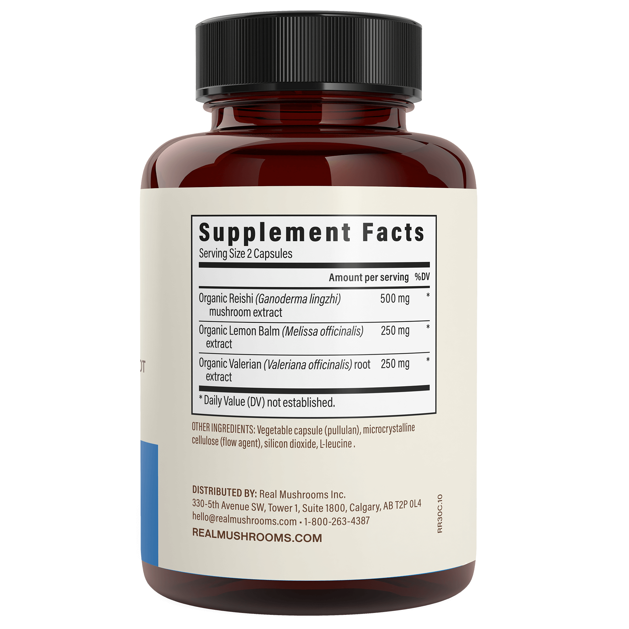 A brown bottle of Real Mushrooms’ RealRest lists organic reishi, valerian, and lemon balm as ingredients. The label shows “Supplement Facts,” dosage details, and company info.