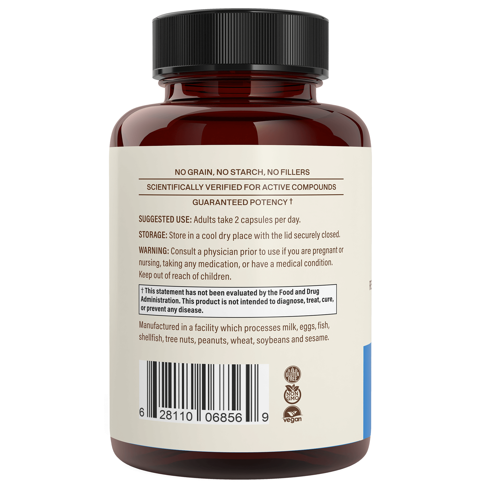 A brown bottle of Real Mushrooms’ RealRest - Reishi, Valerian and Lemon Balm features a white label with dosage and storage instructions, a warning, ingredients including Lemon Balm, barcode, plus vegan and non-GMO icons.