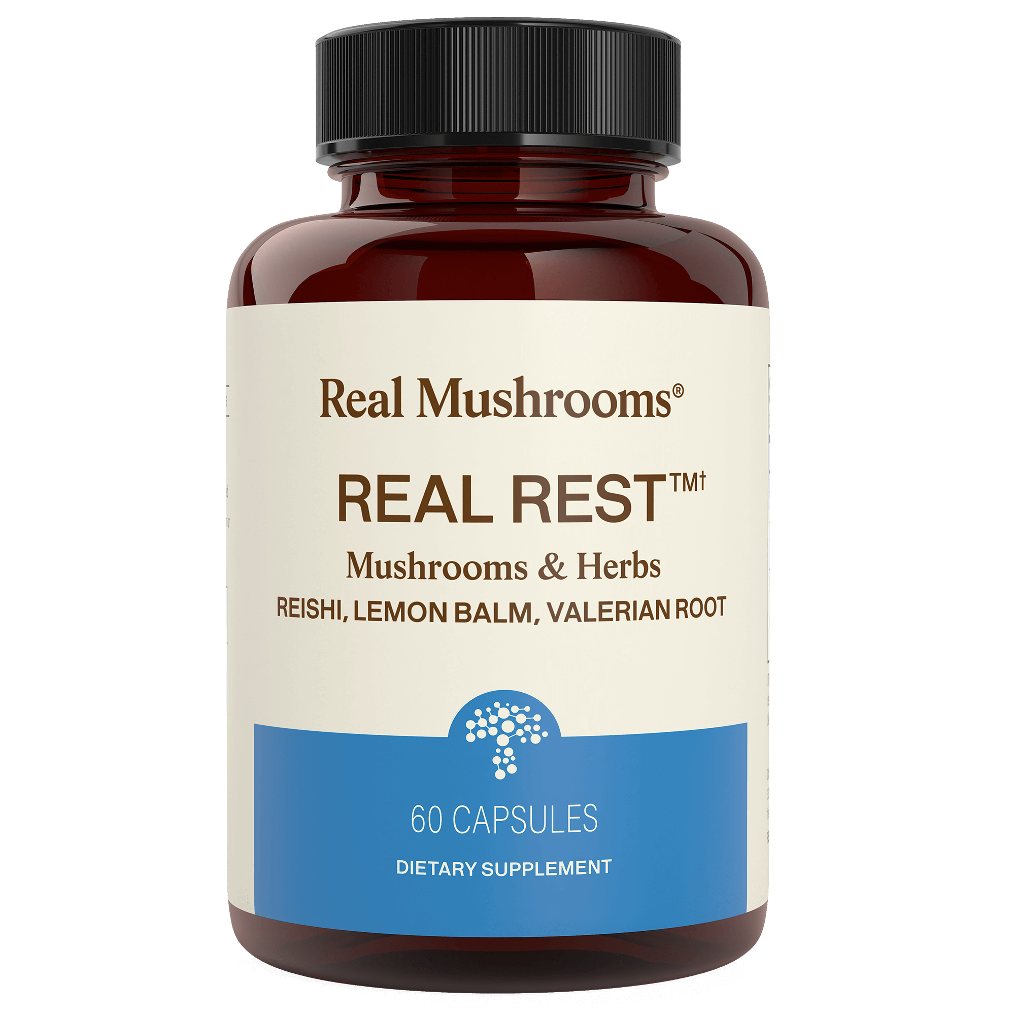 A bottle of Real Mushrooms RealRest contains 60 capsules with Reishi, Valerian, and Lemon Balm to support natural relaxation.
