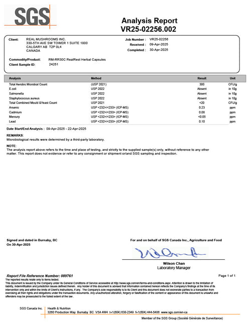 An SGS analysis report for Real Mushrooms Inc. details sample VR25-02256.002, listing metals and microbiology test results for RealHerb Herbal Capsules, all within specified limits.