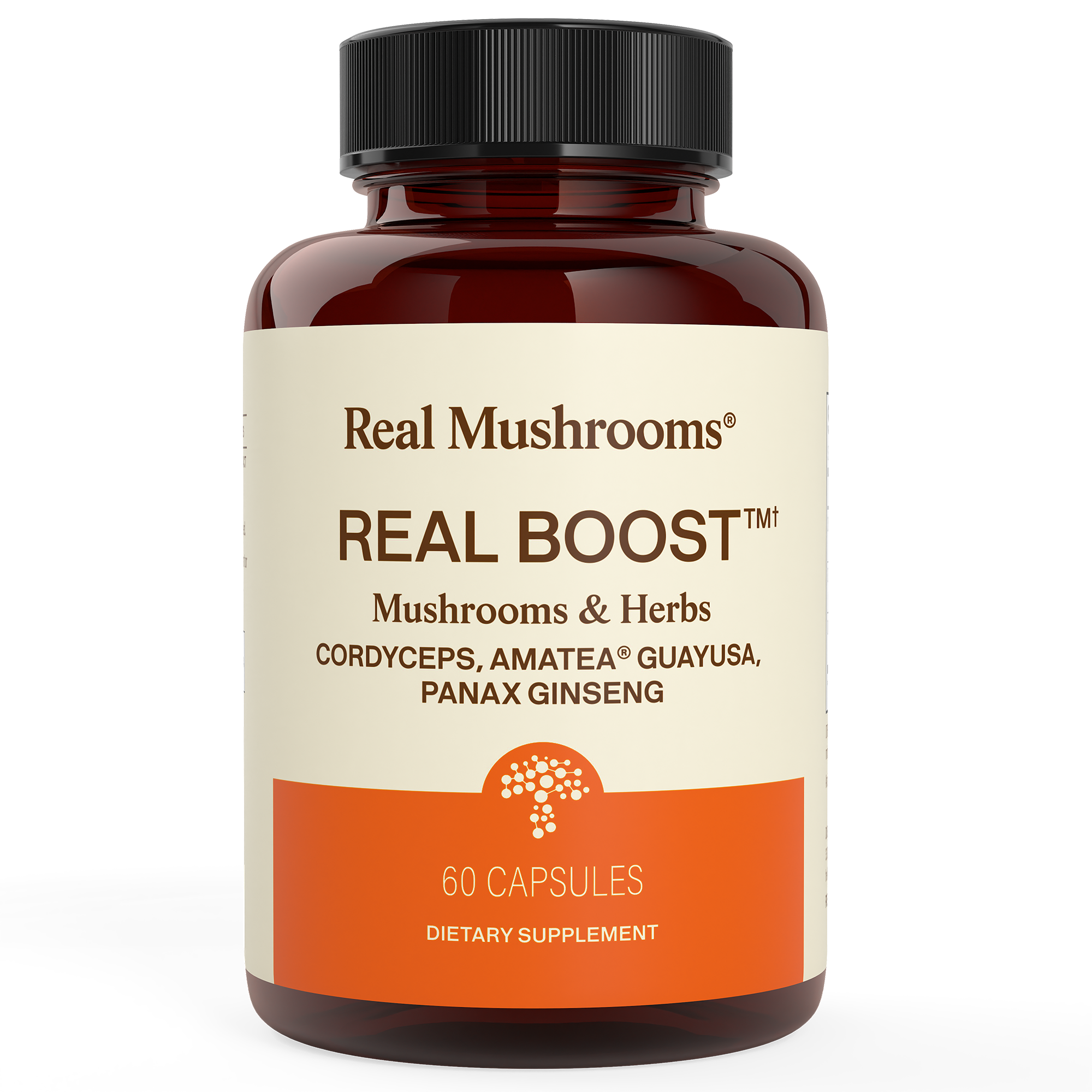 A brown bottle labeled "Real Mushrooms RealBoost - Cordyceps, Guayusa and Ginseng" contains 60 dietary supplement capsules with Cordyceps mushroom, guayusa, and Panax ginseng extracts.