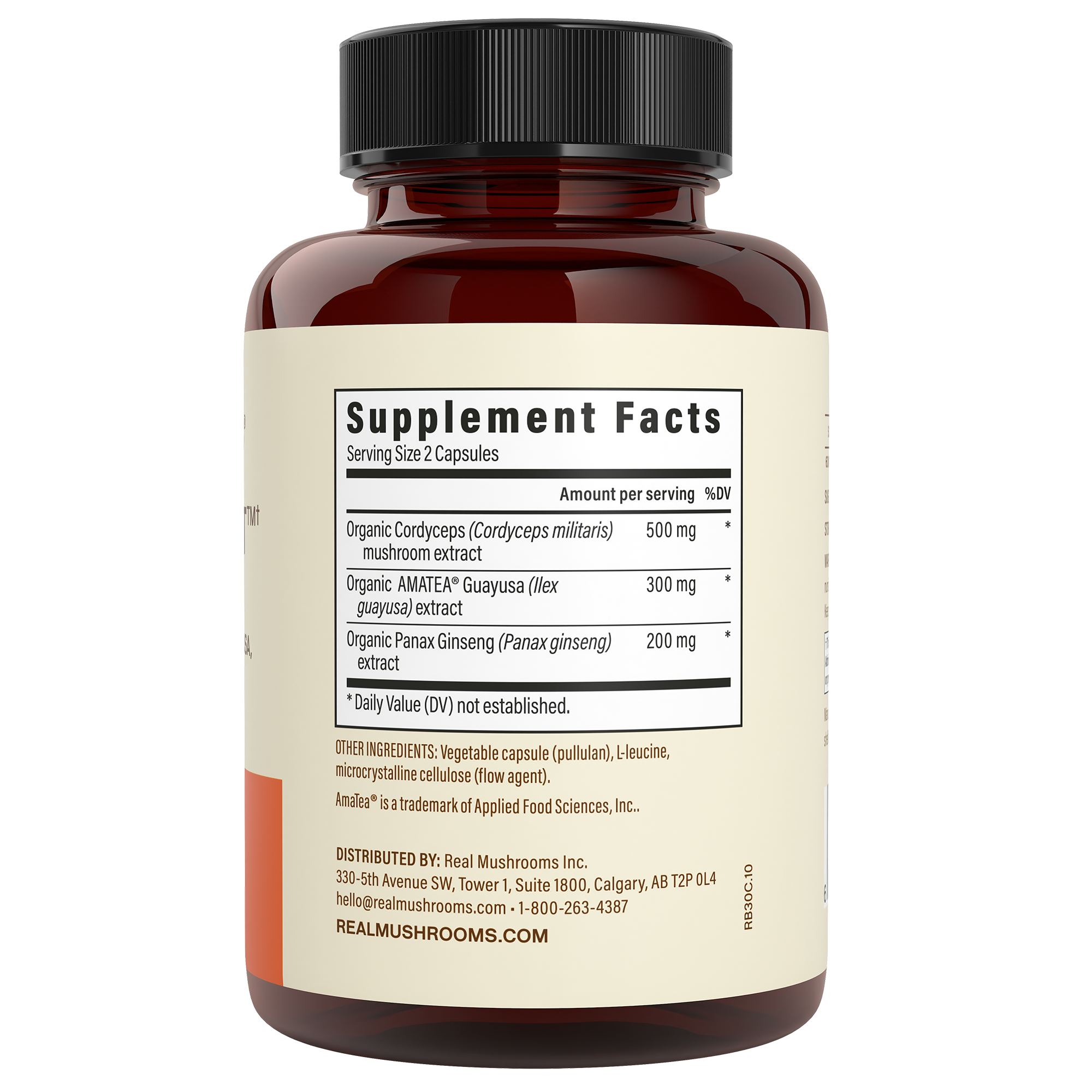 A brown RealBoost bottle by Real Mushrooms features a "Supplement Facts" label with ingredients like organic Cordyceps mushroom, Guayusa extract, and organic Panax ginseng extracts.