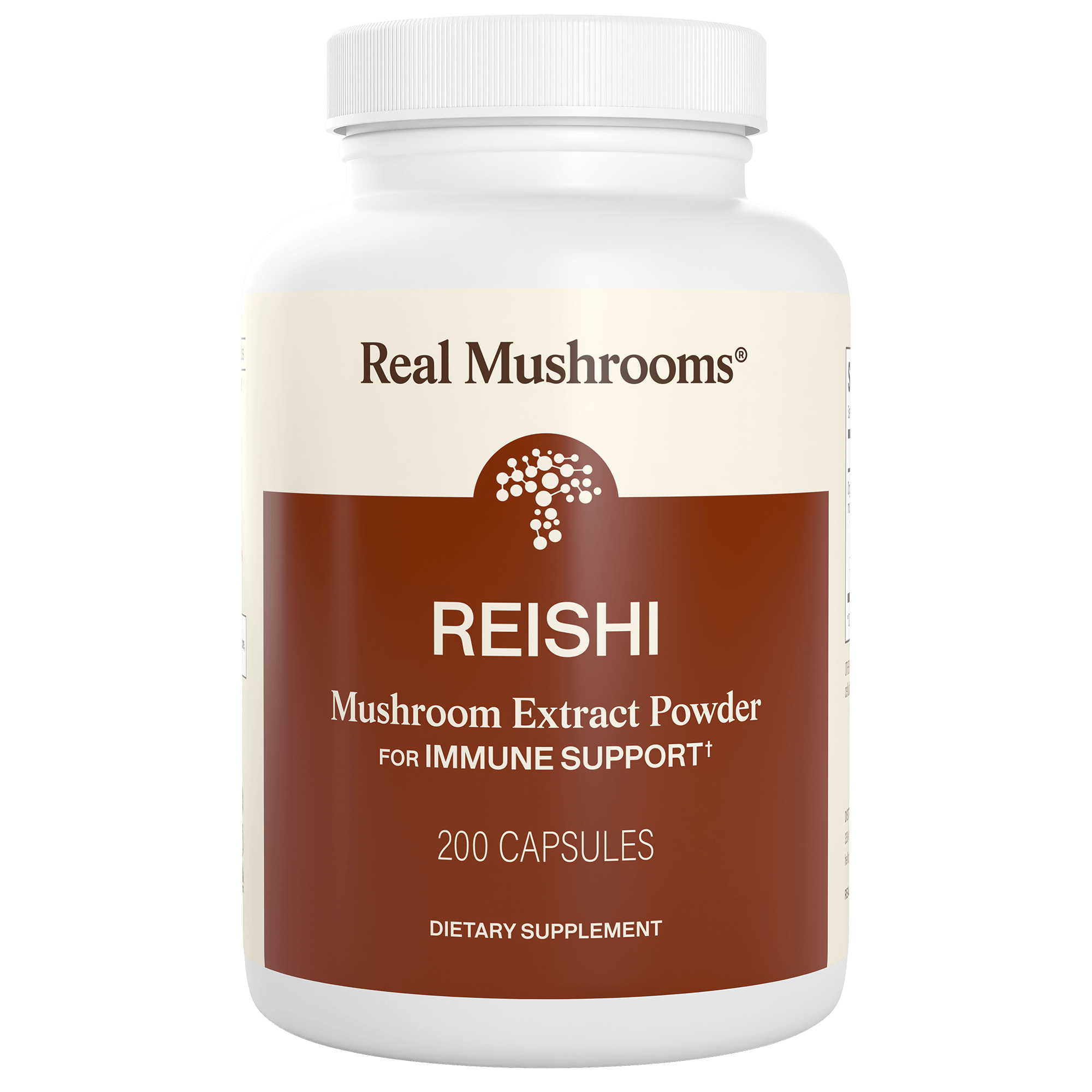 A white bottle labeled "Real Mushrooms Organic Reishi Mushroom Capsules," containing 200 organic capsules as a dietary supplement for immune support.