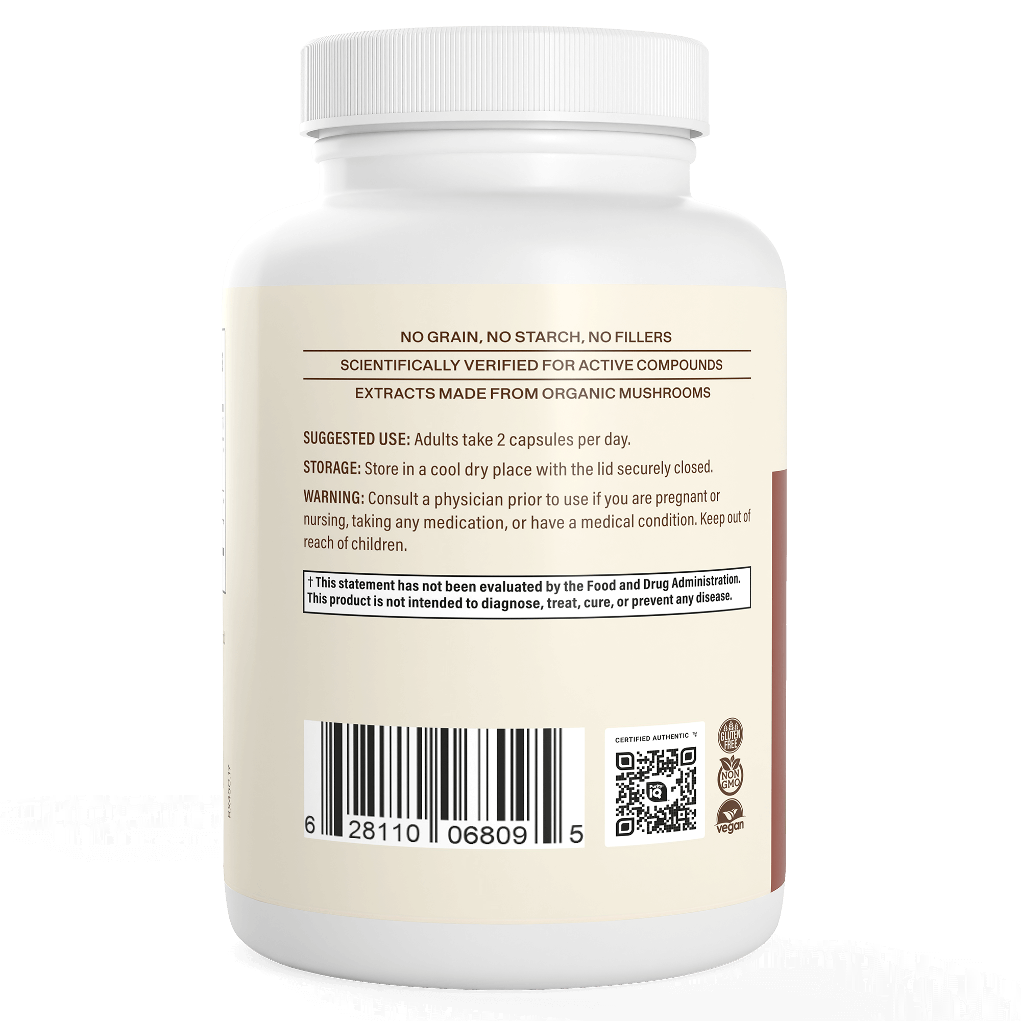 White bottle of Real Mushrooms Organic Reishi Mushroom Capsules featuring a label with suggested use, storage, warnings, barcode, certifications, and text stating it contains organic Ganoderma lucidum rich in beta-glucans.