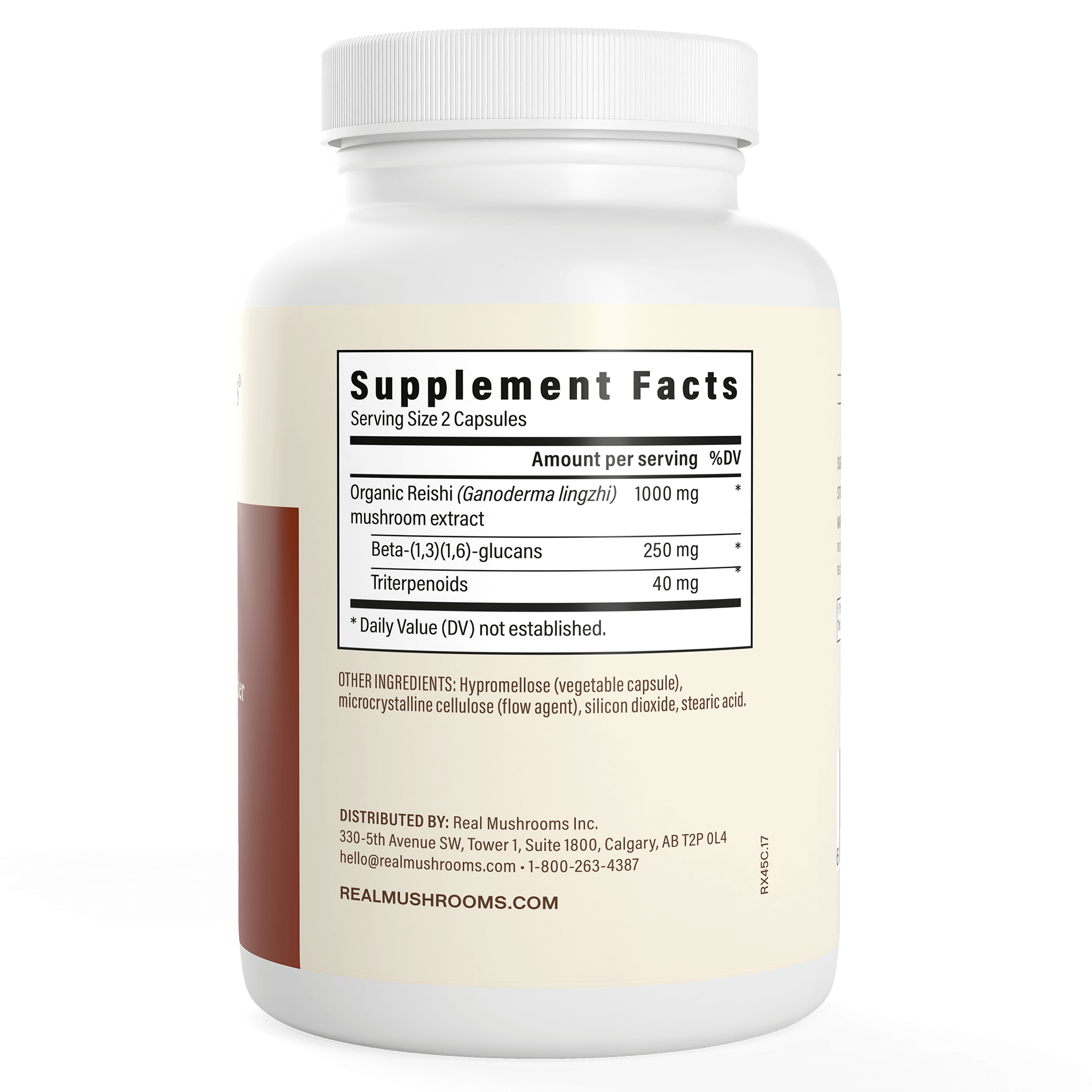 The white bottle of Real Mushrooms Organic Reishi Mushroom Capsules lists “Supplement Facts,” with a serving size of 2 capsules and key ingredients: organic Ganoderma lucidum, beta-glucans, and triterpenoids to support overall wellness.