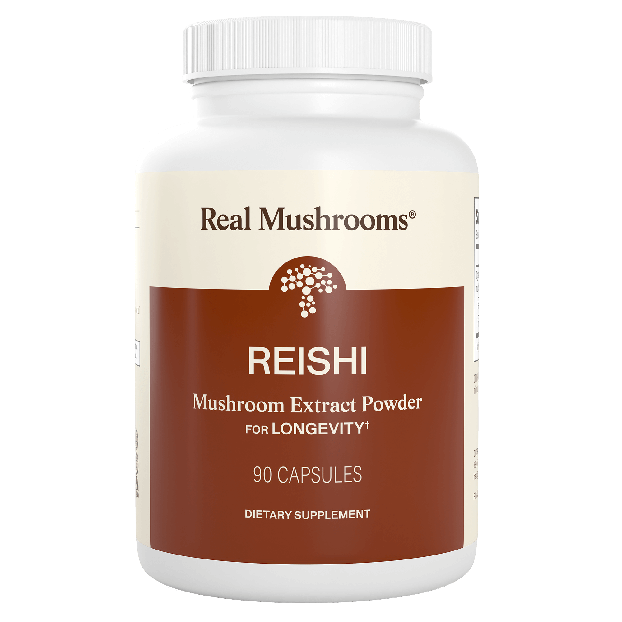 A white bottle labeled “Real Mushrooms Organic Reishi Mushroom Capsules—dietary supplement, 90 capsules.”.