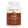 A white bottle labeled “Real Mushrooms Organic Reishi Mushroom Capsules—dietary supplement, 90 capsules.”.