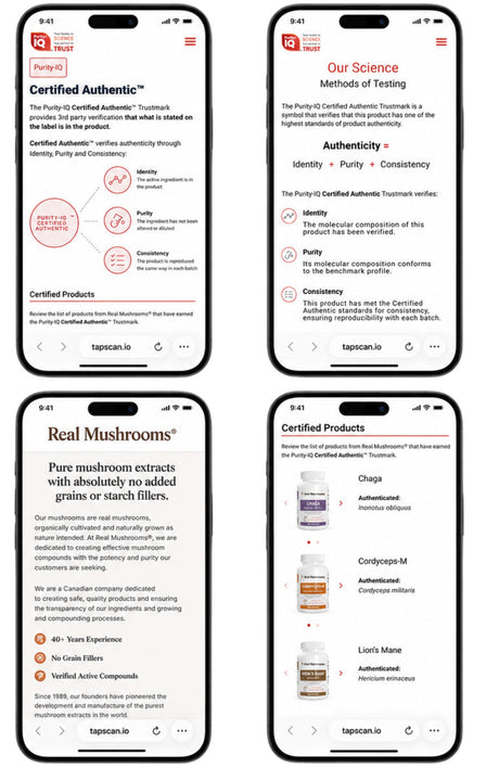 Four smartphone screens display informational pages about certified pure mushroom supplements, product quality standards, and details on authenticity, ingredients, and testing methods.