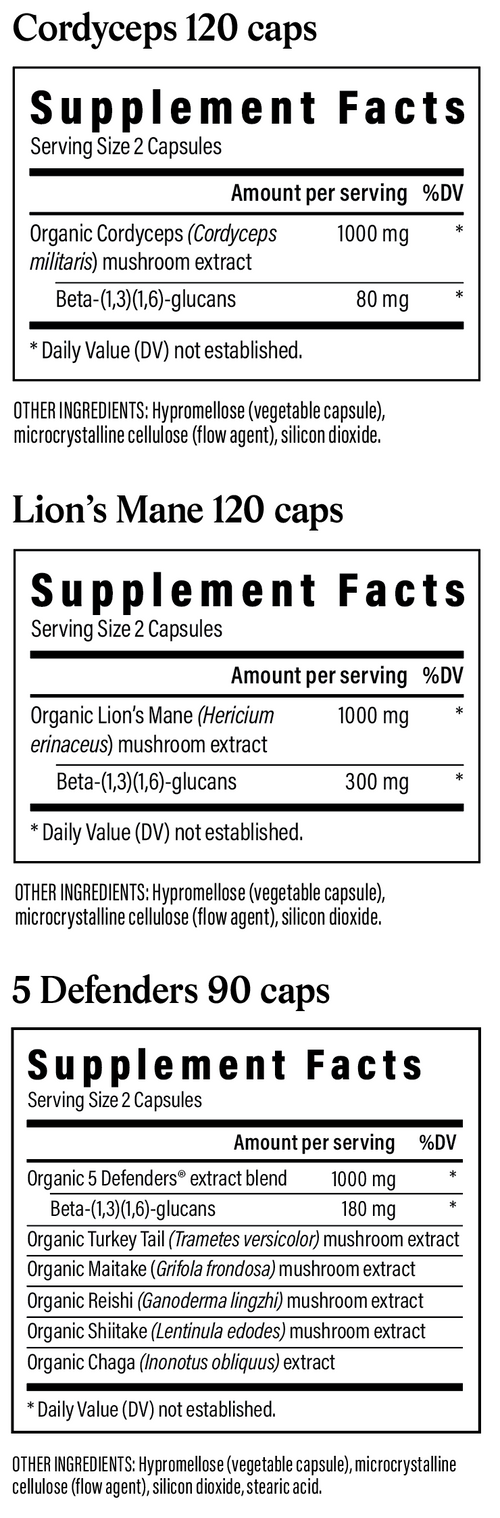 Supplement facts labels for Cordyceps, Lion’s Mane, and 5 Defenders capsules, each listing serving size, ingredients, and amounts per serving.