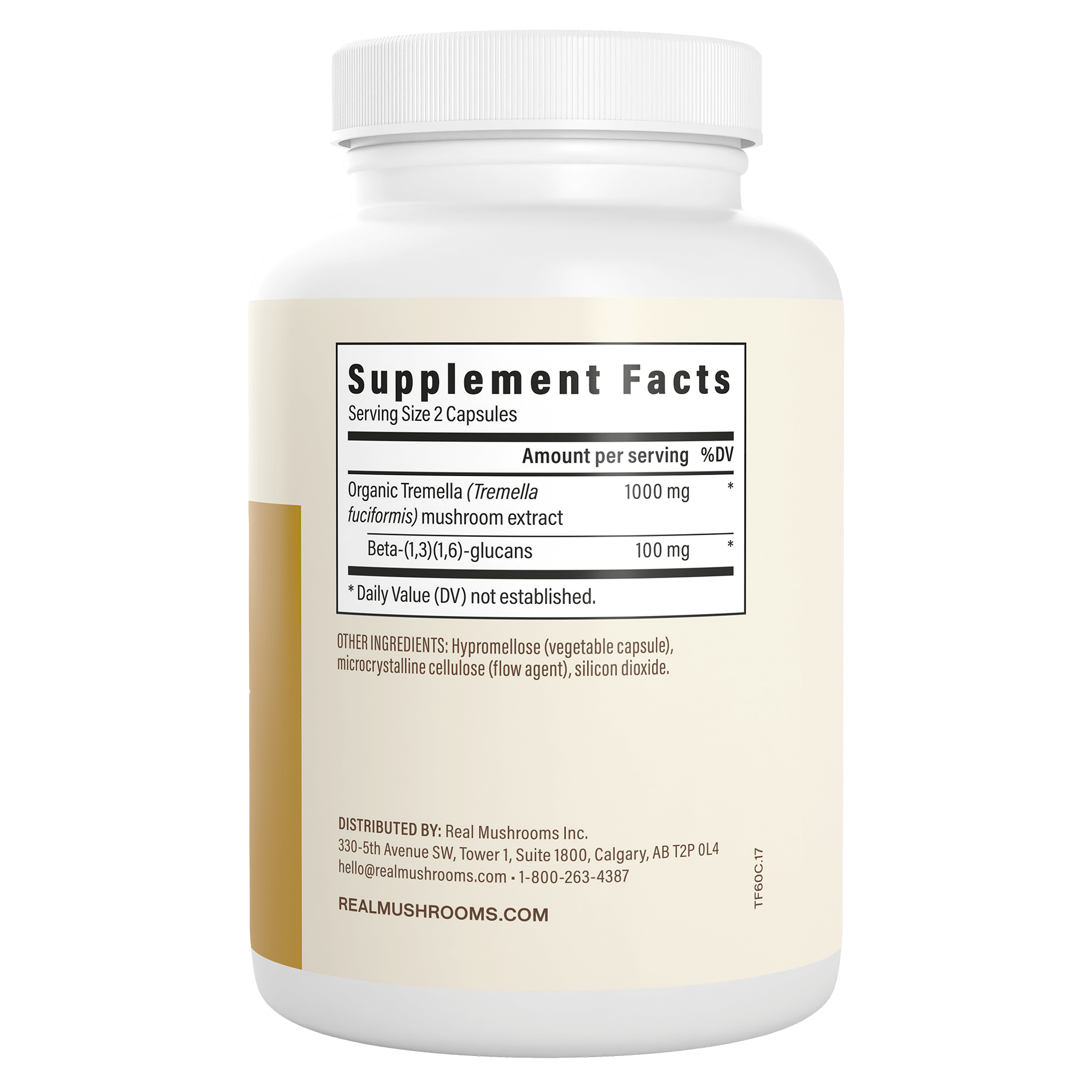 Real Mushrooms Organic Tremella Extract Capsules: Each serving of 2 organic mushroom capsules provides 1000 mg organic Tremella extract and 100 mg beta-glucans, as shown on the Supplement Facts label on the white bottle.