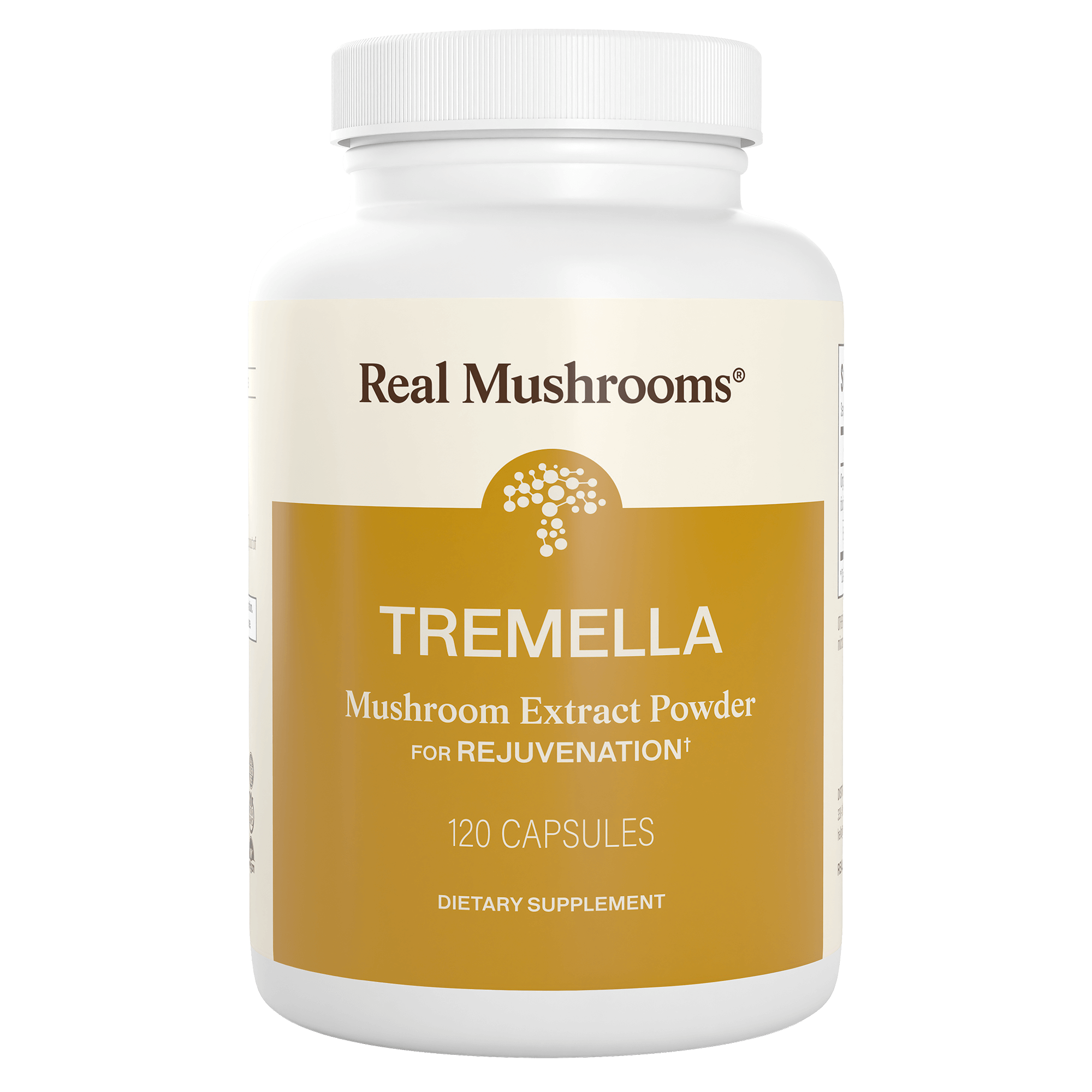 A white bottle labeled "Real Mushrooms Organic Tremella Extract Capsules," containing 120 capsules, supports skin, hair, and nail health as a dietary supplement.