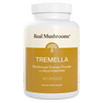 A white bottle labeled "Real Mushrooms Organic Tremella Extract Capsules," containing 120 capsules, supports skin, hair, and nail health as a dietary supplement.