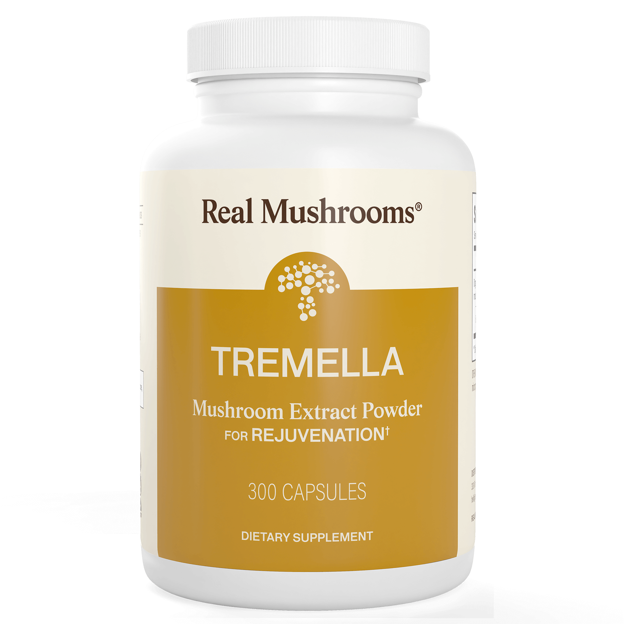 White bottle of Real Mushrooms Organic Tremella Extract Capsules, 300 count—dietary supplement to support healthy skin, hair, and nails.