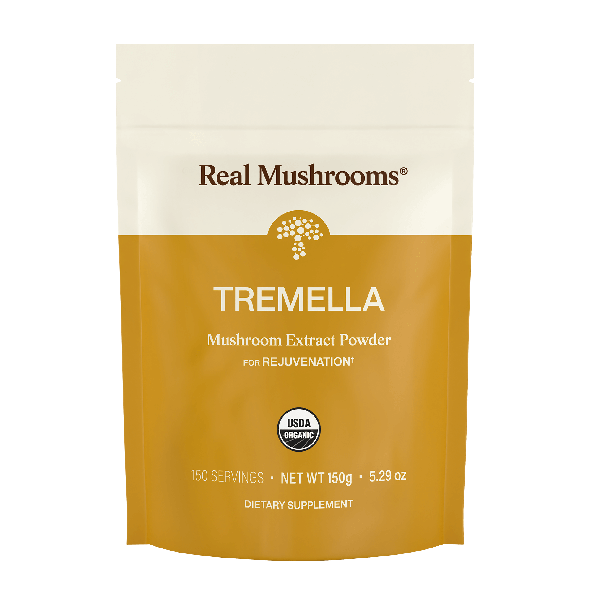 A yellow and white pouch of Real Mushrooms Organic Tremella Extract Powder (150g, 150 servings) with USDA Organic seal—supports skin, hair, and nail health thanks to its beneficial beta-glucans.
