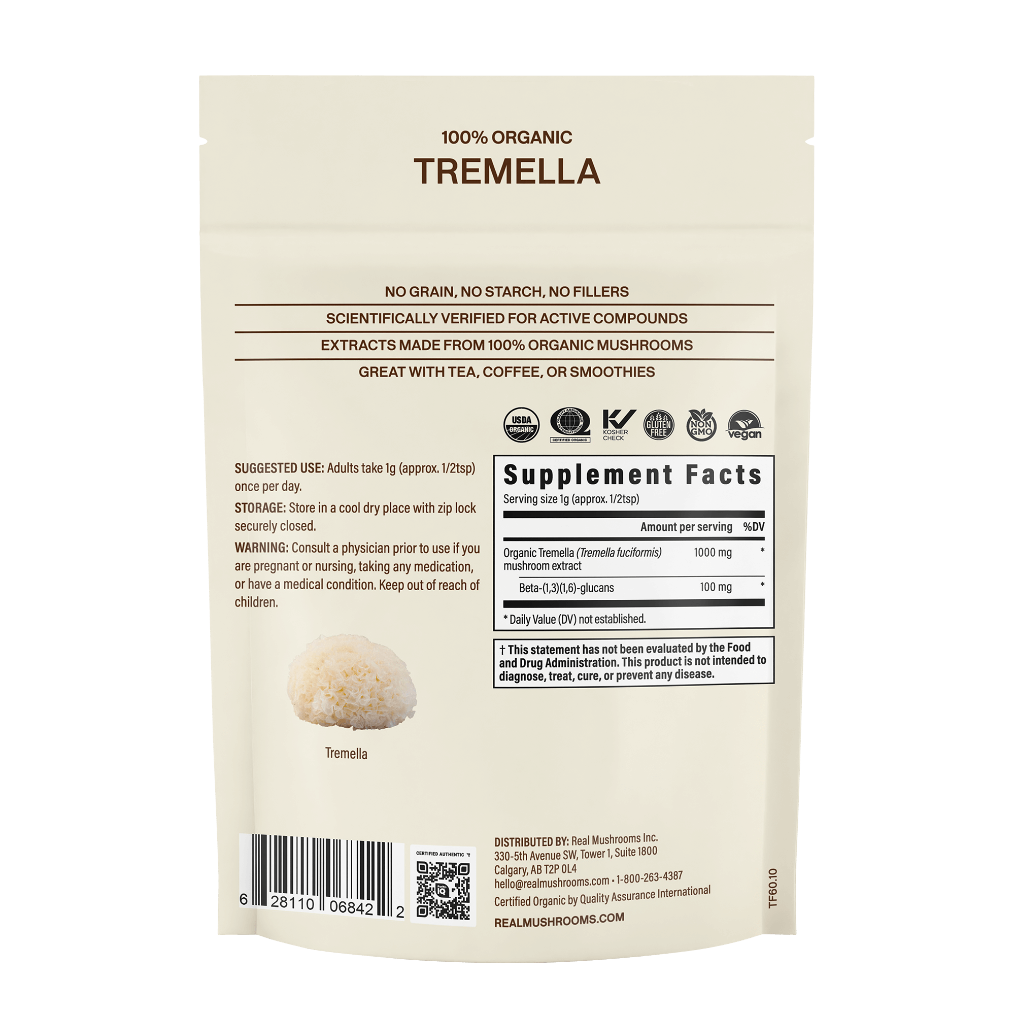 Back view of the Real Mushrooms Organic Tremella Extract Powder package showing product info, usage instructions, supplement facts, a mushroom image. High in beta-glucans to support skin, hair, and nail health.