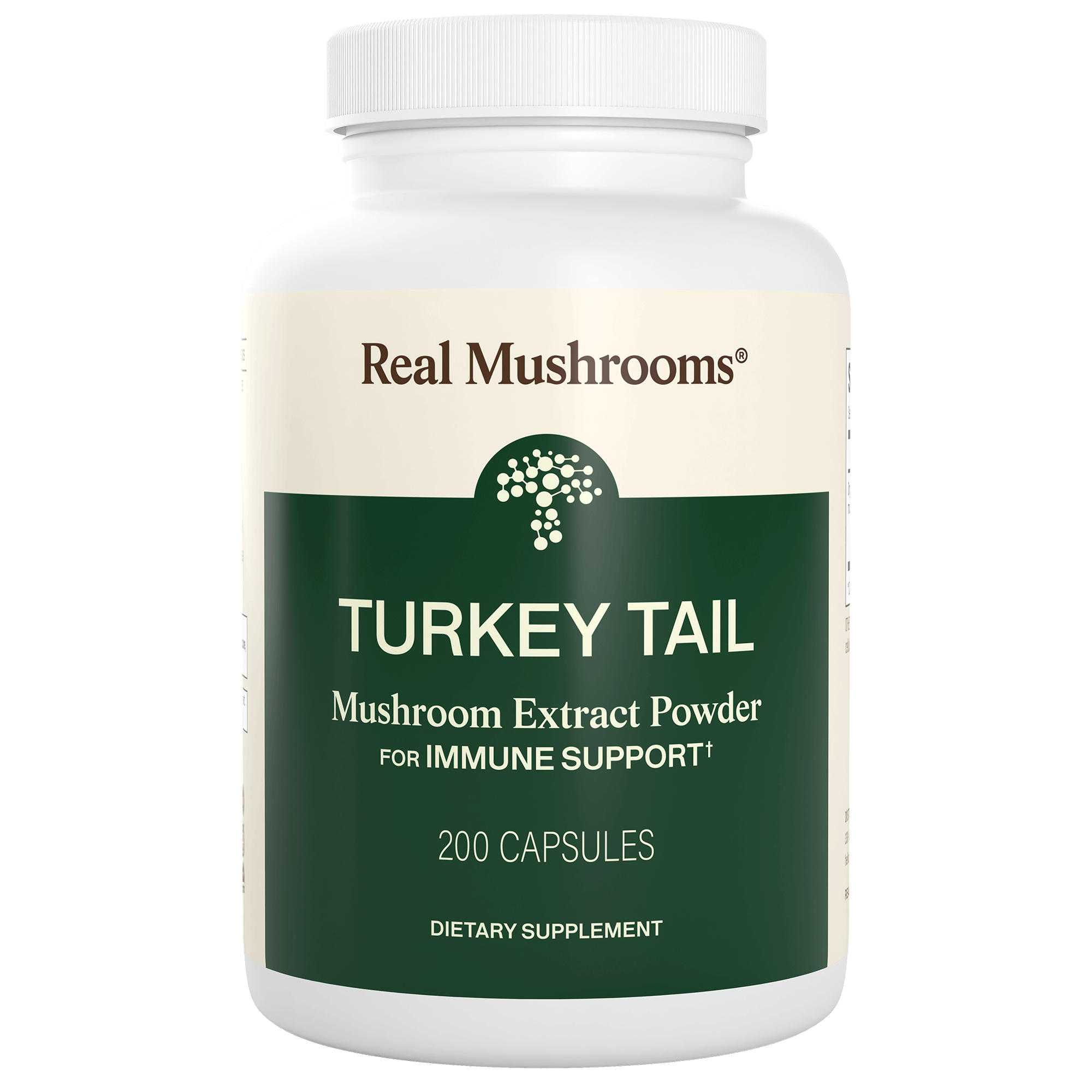 Real Mushrooms Turkey Tail Mushroom Capsules, a dietary supplement with 200 capsules per bottle, rich in beta-glucans to support immune health.