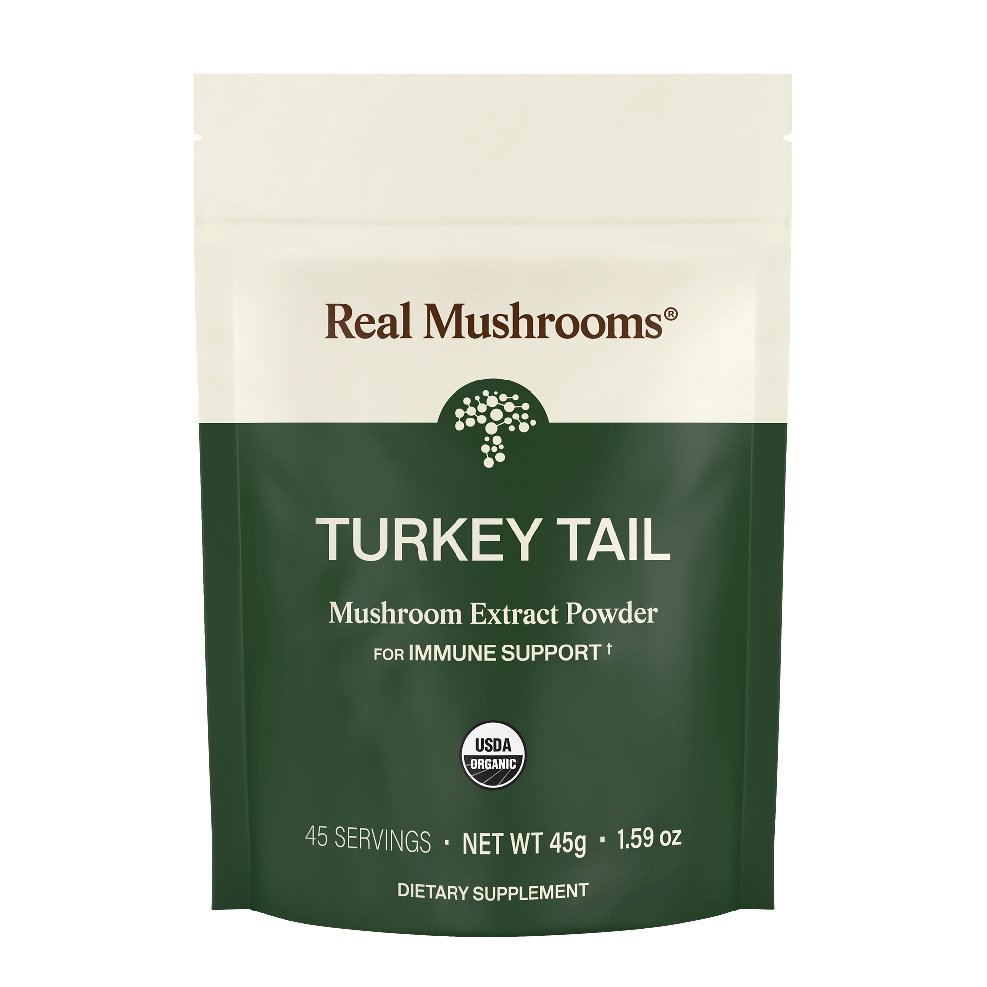 A 45-serving pouch of Real Mushrooms Turkey Tail Extract - Bulk Powder, made with organic turkey tail mushrooms for immune support, is USDA organic certified.