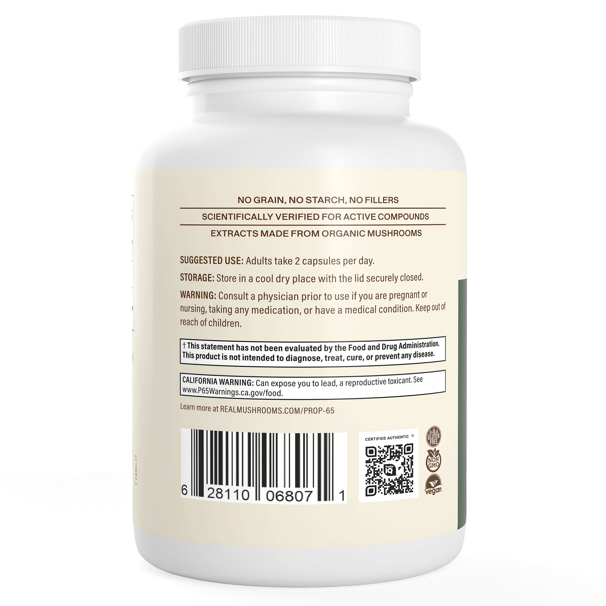 Back label of Real Mushrooms Turkey Tail Mushroom Capsules with dosage, storage, warnings, barcode, certifications, website link. Contains Turkey Tail mushrooms rich in beta-glucans to support immune health.