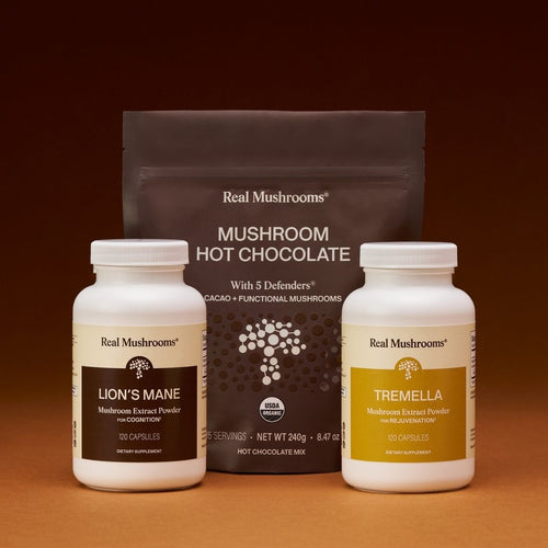 The Real Mushrooms Feel Good Bundle, featuring Lion’s Mane and Tremella supplements alongside Mushroom Hot Chocolate, sits on a brown background—an ideal combination to support your daily wellness routine.