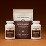 Three containers of the Lion's Mane Focus Bundle by Real Mushrooms, including two bottles of capsules and one bag of organic mushroom extract powder, are shown against a brown background.