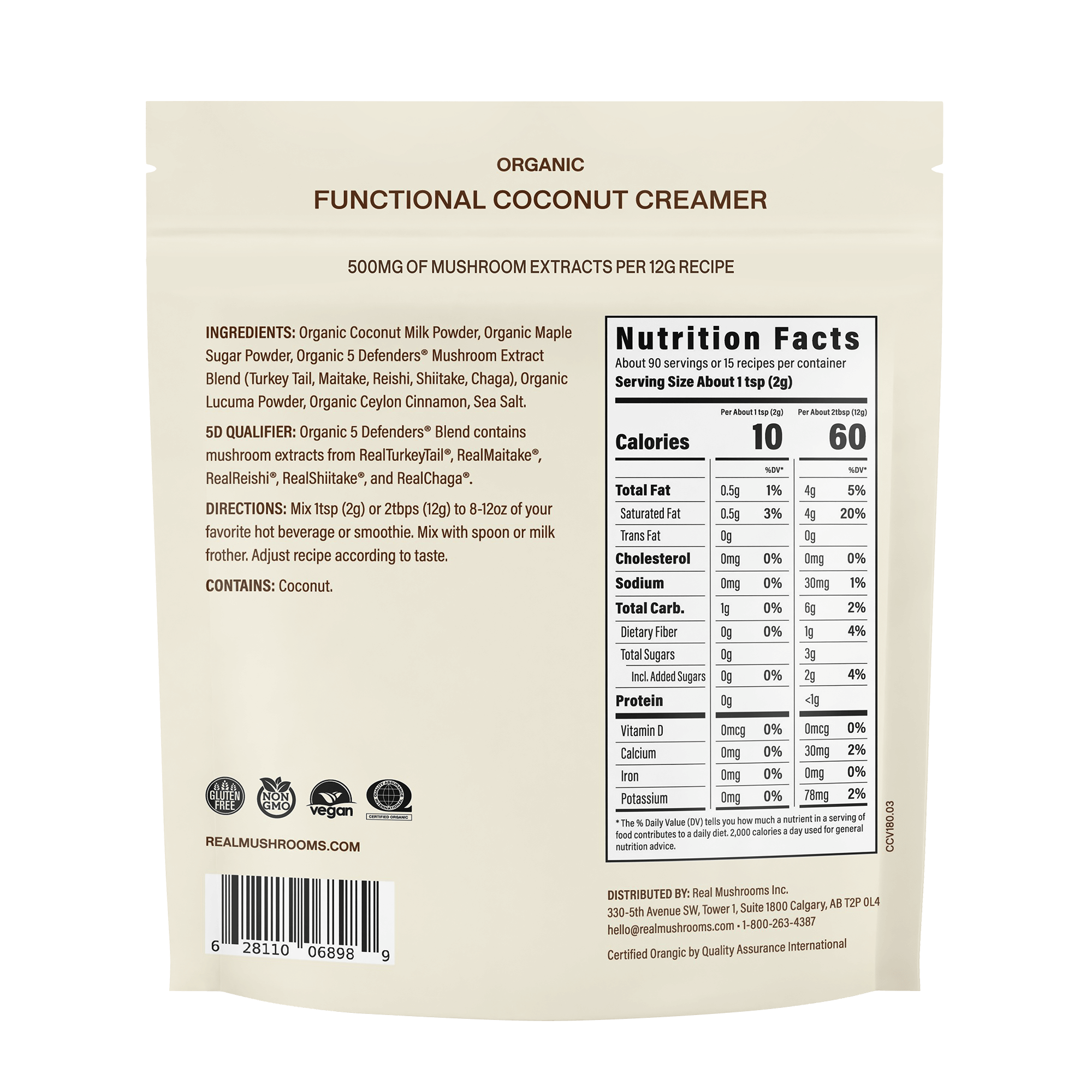 Back of a package labeled "Real Mushrooms Functional Coconut Creamer - Powder," showcasing plant-based ingredients, nutrition facts, preparation instructions, and manufacturer details.