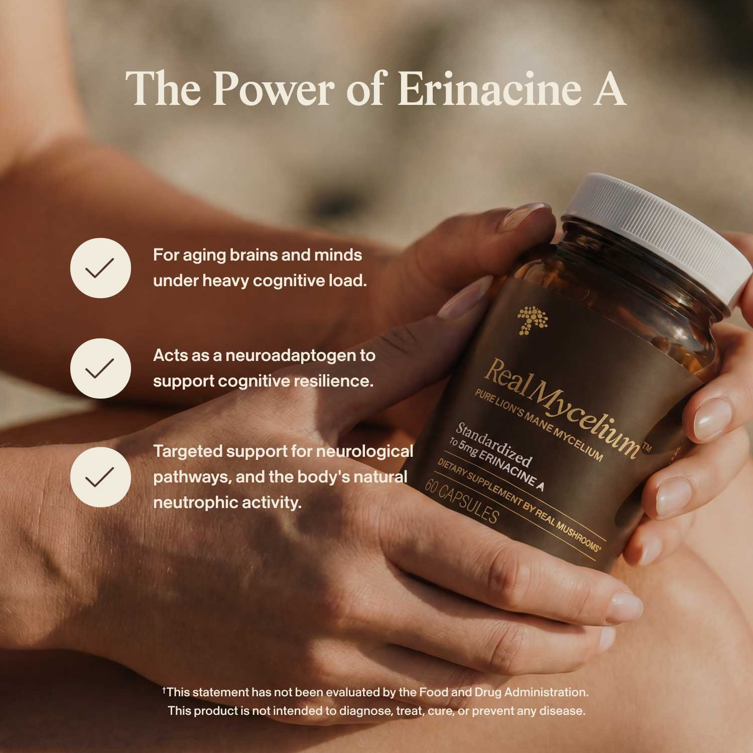 A person holds a bottle of Real Mycelium™ by Real Mushrooms; text highlights the cognitive support and neurological benefits of this Lion's Mane supplement.