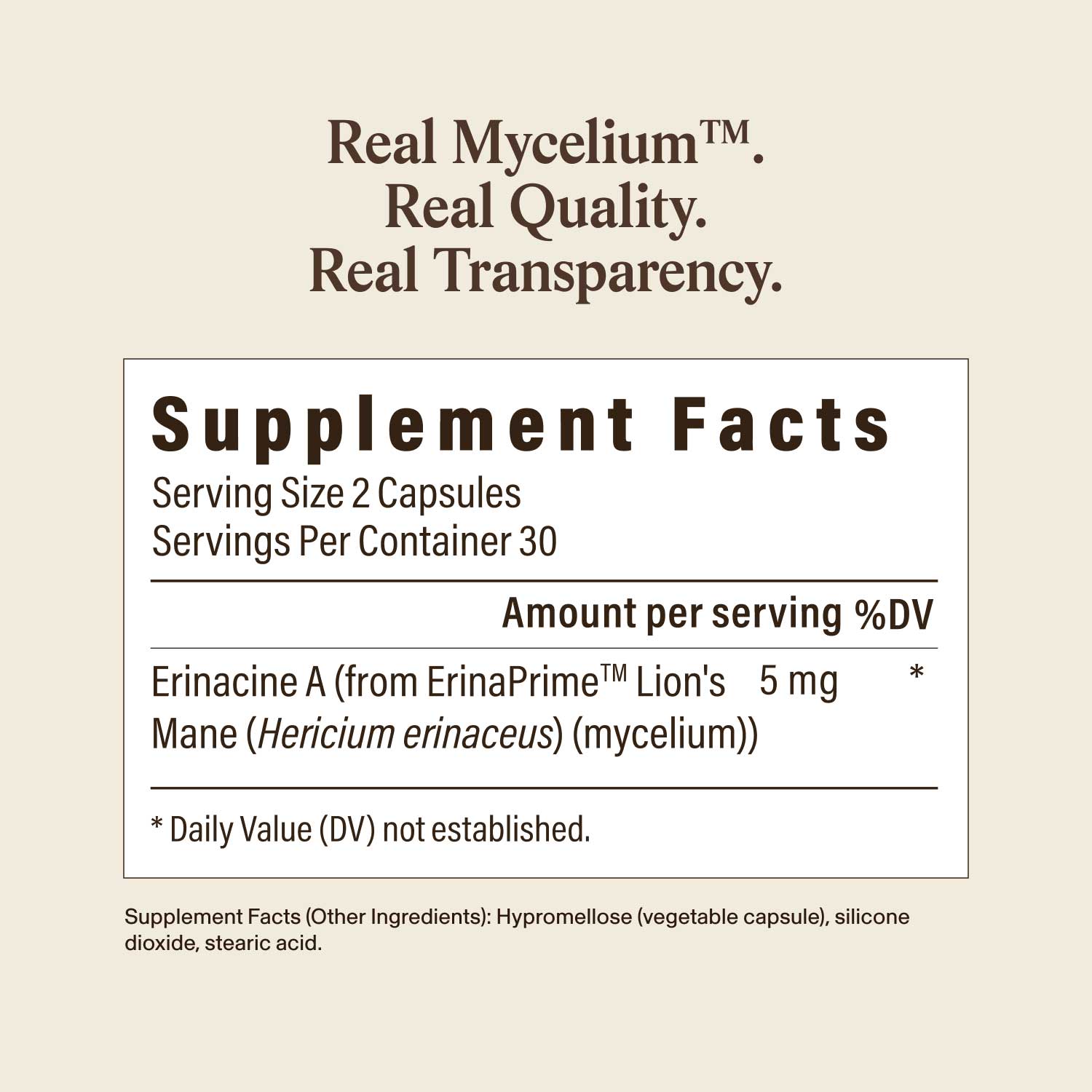 Supplement facts label for Real Mycelium™ by Real Mushrooms (Lion's Mane mycelium capsules), showing serving size, servings per container, and Erinacine A content per serving to support cognitive function.