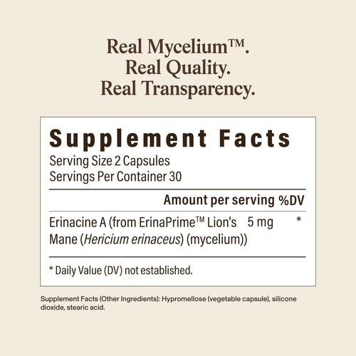 Supplement facts label for Real Mycelium™ by Real Mushrooms (Lion's Mane mycelium capsules), showing serving size, servings per container, and Erinacine A content per serving to support cognitive function.