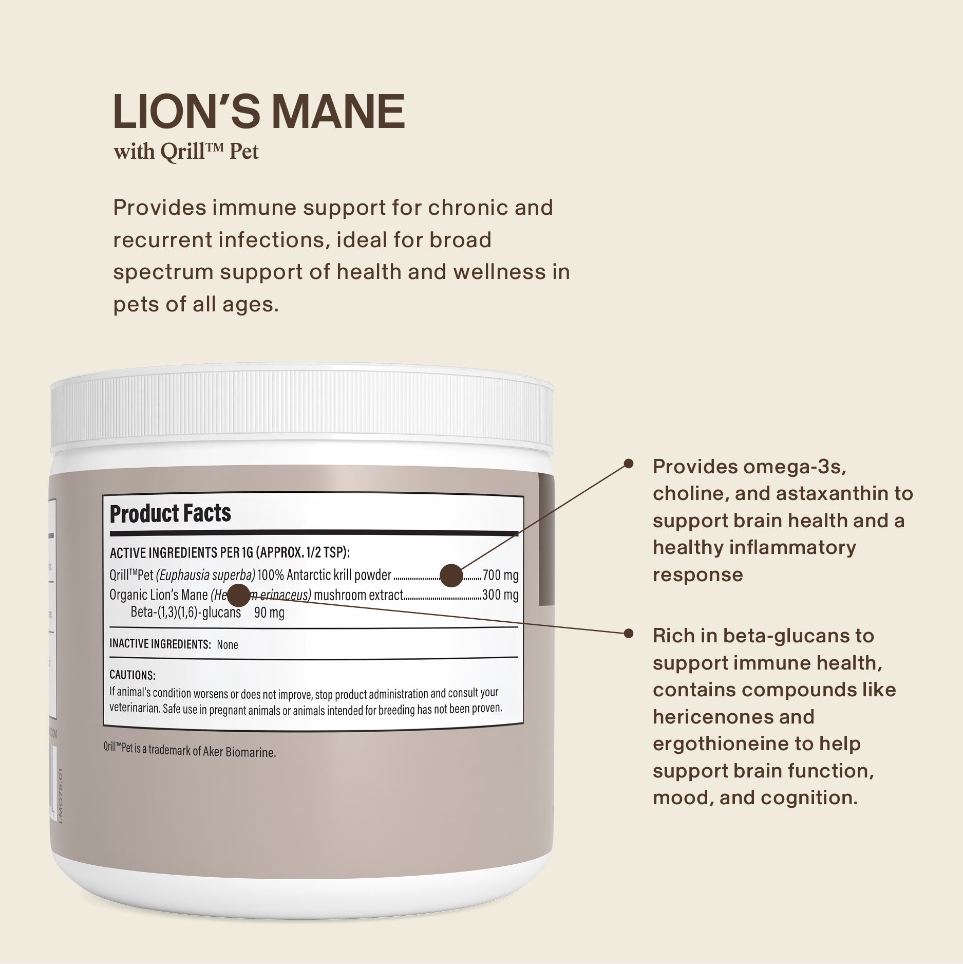 A white Real Mushrooms Lion's Mane with Qrill™Pet container sits against a beige background, highlighting immune support, omega-3s, and brain health—an ideal supplement with organic Lion’s Mane mushroom for pets’ cognitive support.