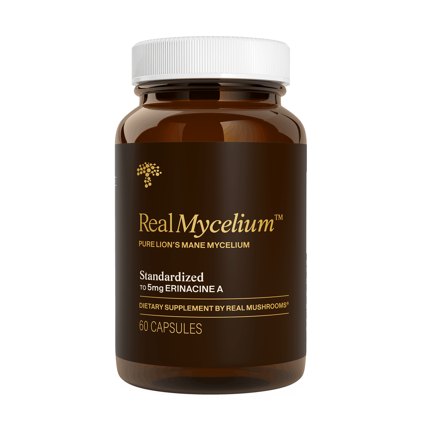 Real Mushrooms’ Real Mycelium™ is a brown bottle with 60 capsules, each containing 5mg erinacine A, and provides cognitive support as a dietary supplement.