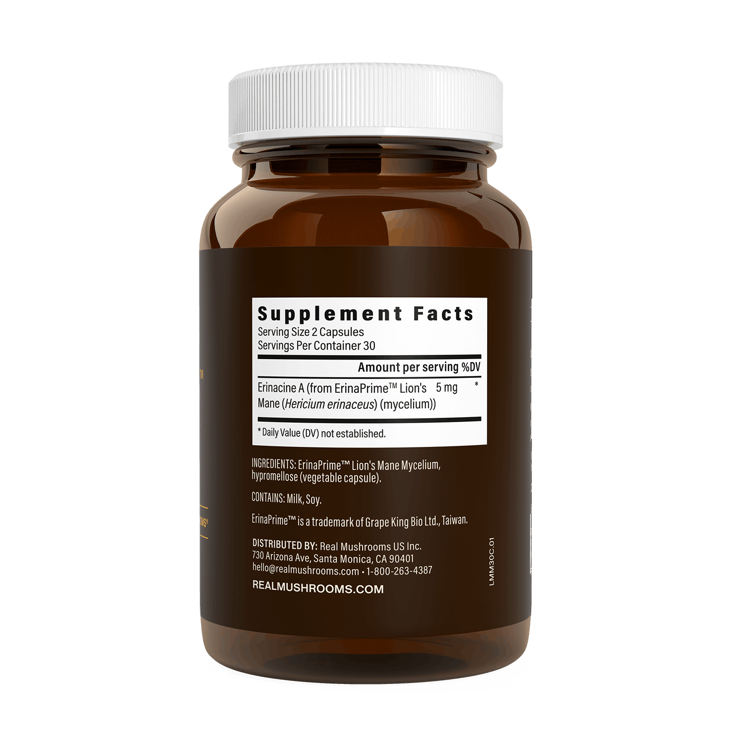 A brown bottle labeled "Supplement Facts" lists ingredients and serving size for Real Mycelium™ Lion's Mane capsules by Real Mushrooms, known for cognitive support. Website and contact info are shown at the bottom.