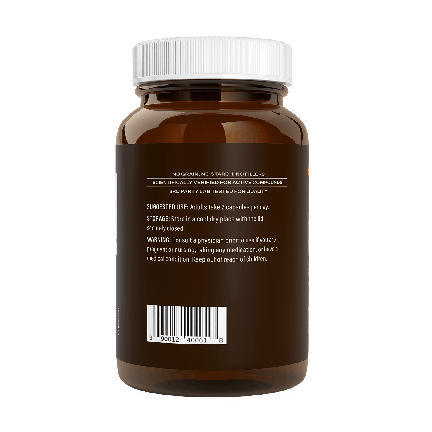 Brown supplement bottle with white cap, featuring the back label with suggested use, storage instructions, warning, and a barcode. Real Mushrooms' Real Mycelium™ Lion's Mane is for cognitive support. No visible branding on this side.