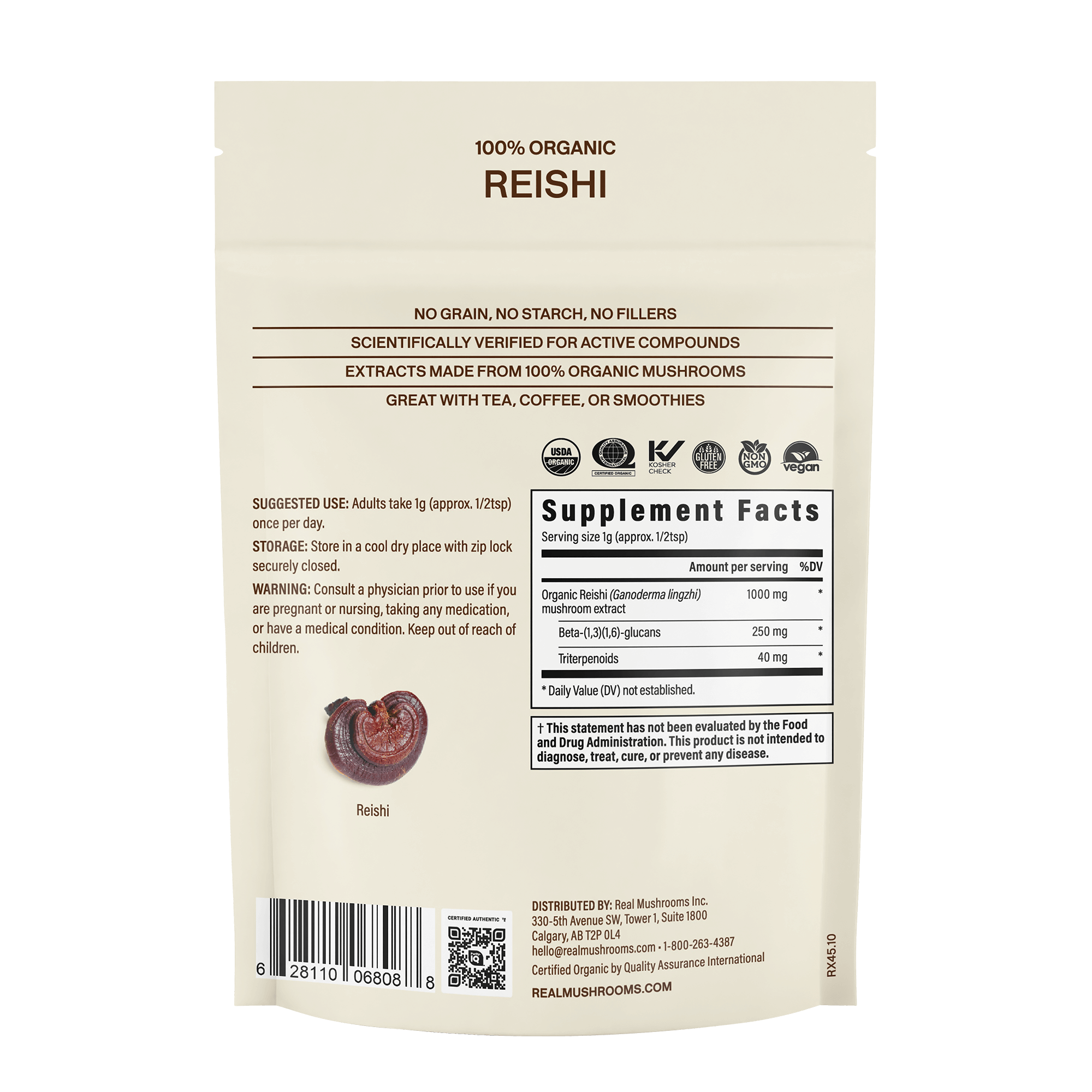 Back of a "Real Mushrooms Organic Reishi Mushroom Powder – Bulk Extract" package showing supplement facts, dosage instructions, product description, barcode, and an image of an organic Ganoderma lucidum reishi mushroom extract.