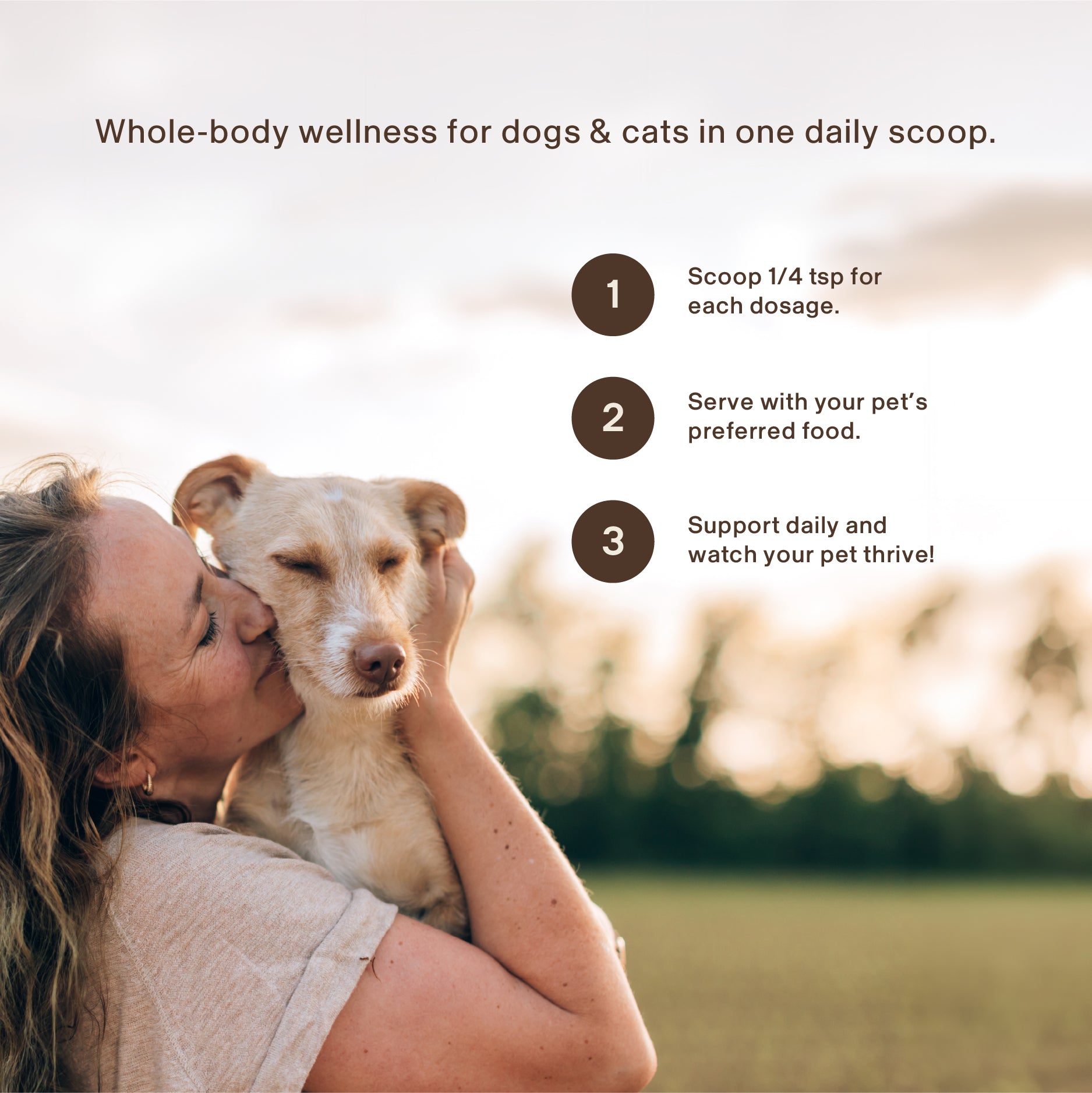 A woman hugs and kisses her dog outdoors; overlay text shares a 3-step pet wellness routine featuring Real Mushrooms Turkey Tail with Qrill™Pet, a daily supplement to support pets’ microbiome health and immune system.