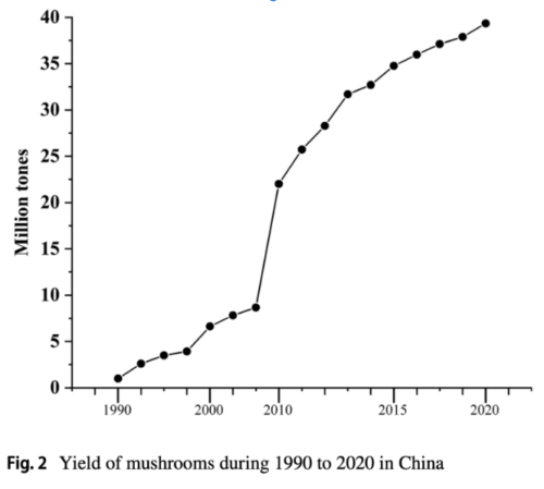 Line graph showing the yield of mushrooms in China from 1990 to 2020, illustrating how functional mushrooms have grown from about 1 million tons in 1990 to nearly 40 million tons in 2020.