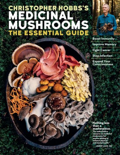 A book cover titled "Christopher Hobbs's Medicinal Mushrooms: The Essential Guide" showcases a wooden bowl brimming with an assortment of mushrooms, perfectly capturing the essence of medicinal mushroom books.