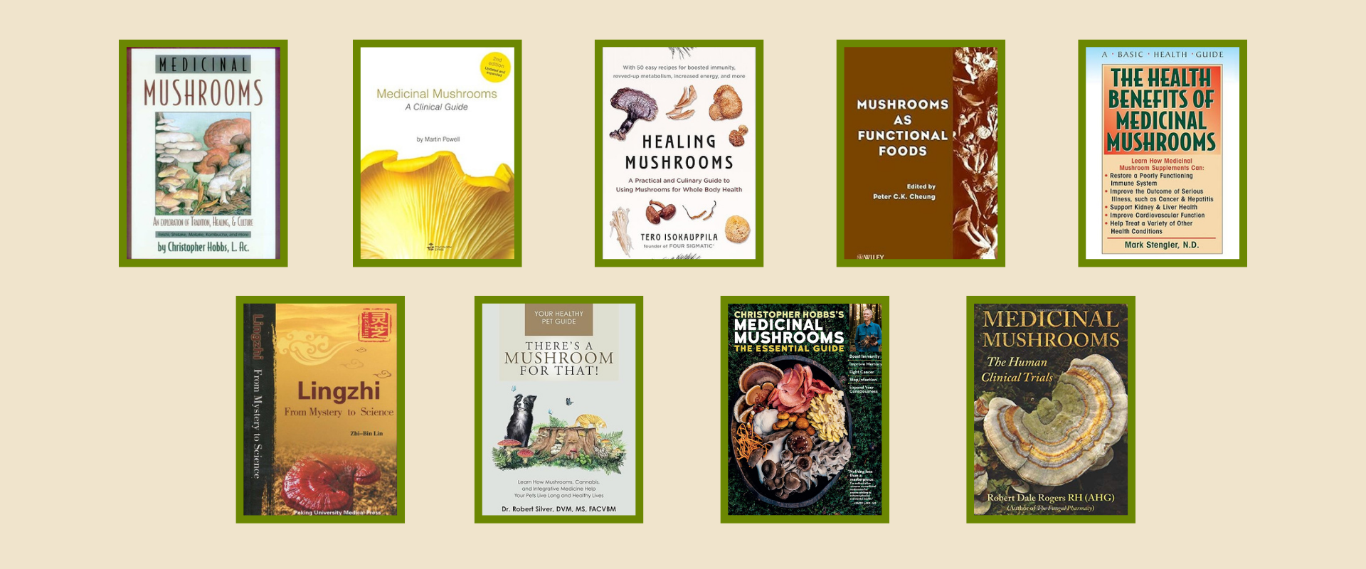 A collection of ten medicinal mushroom book covers, showcasing diverse colors, titles, and vibrant images of mushrooms.