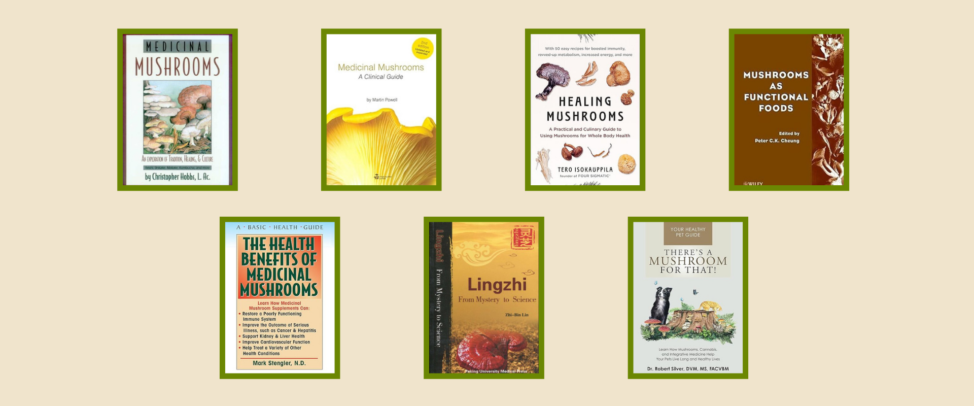 A collage of seven book covers highlights a curated selection of medicinal mushroom books, showcasing diverse titles and authors.