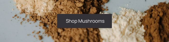 Various types of ground mushroom powders spread on a surface, showcasing mycoremediation potential, with a button labeled "shop mushrooms" in the center.
