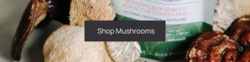Various types of medicinal mushrooms displayed next to their packaged products with a 'shop mushrooms' button overlay.